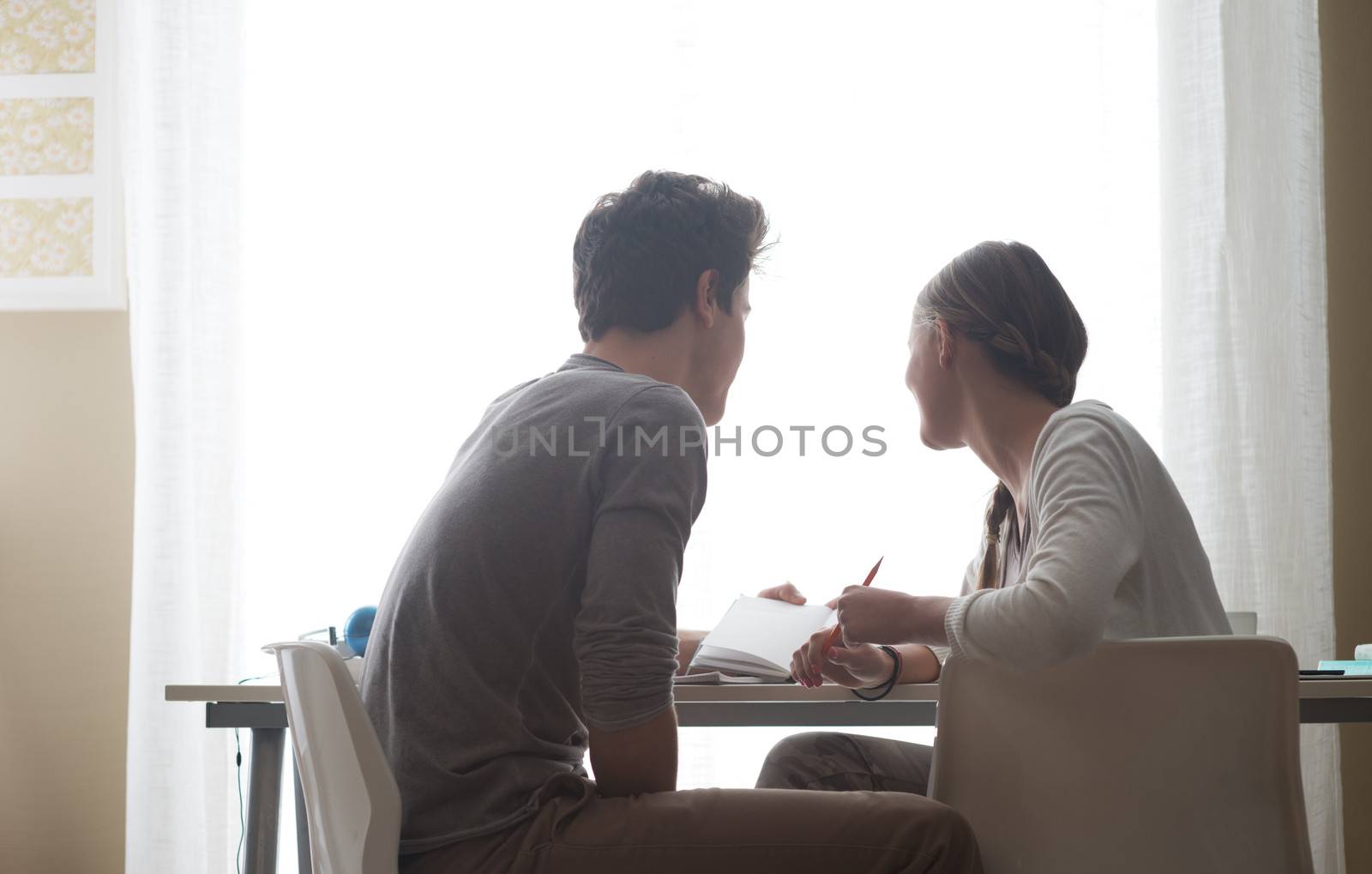 Teen boy and girl sitting together and studying at home