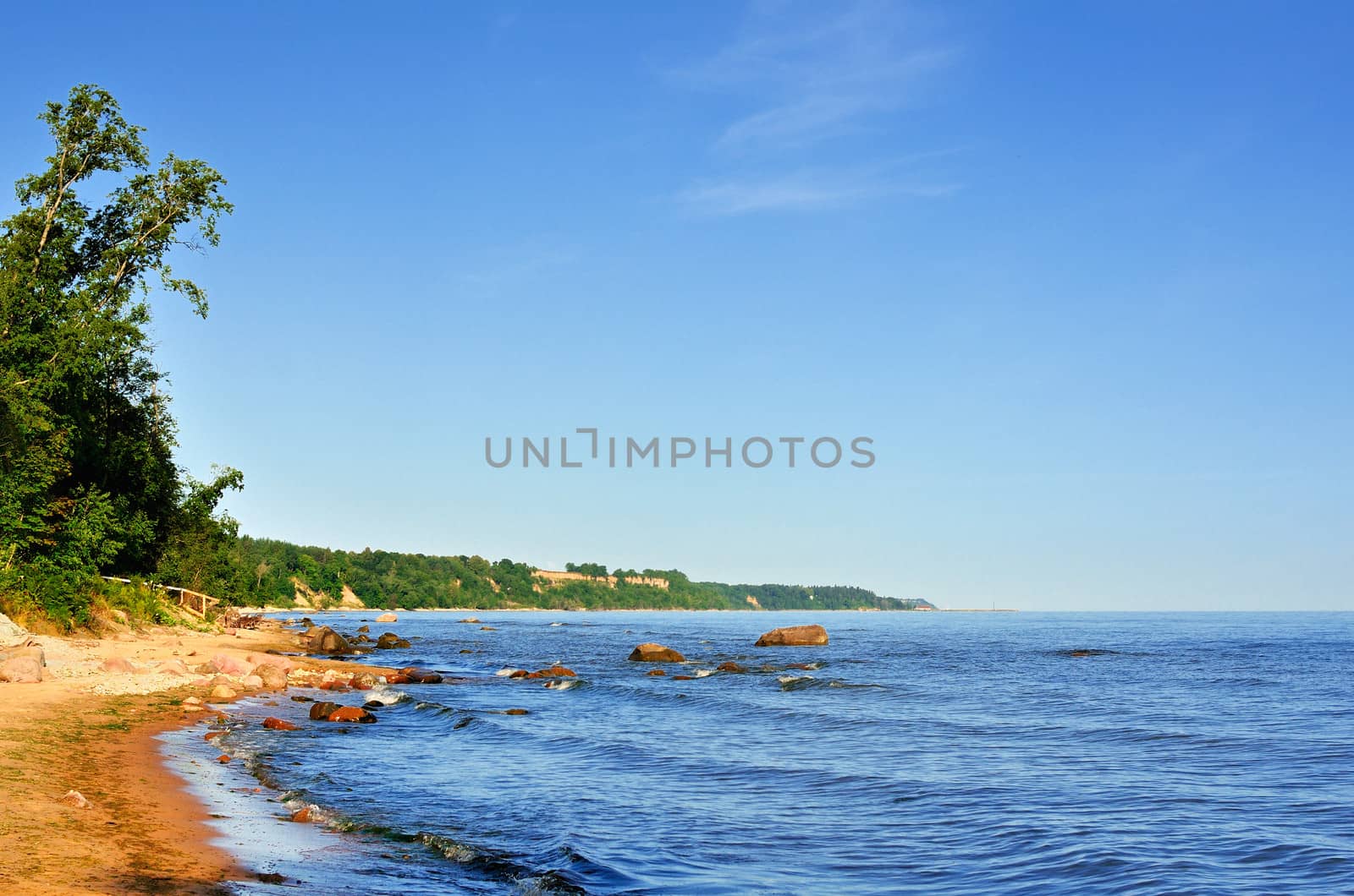 Panoramic view of green coastline