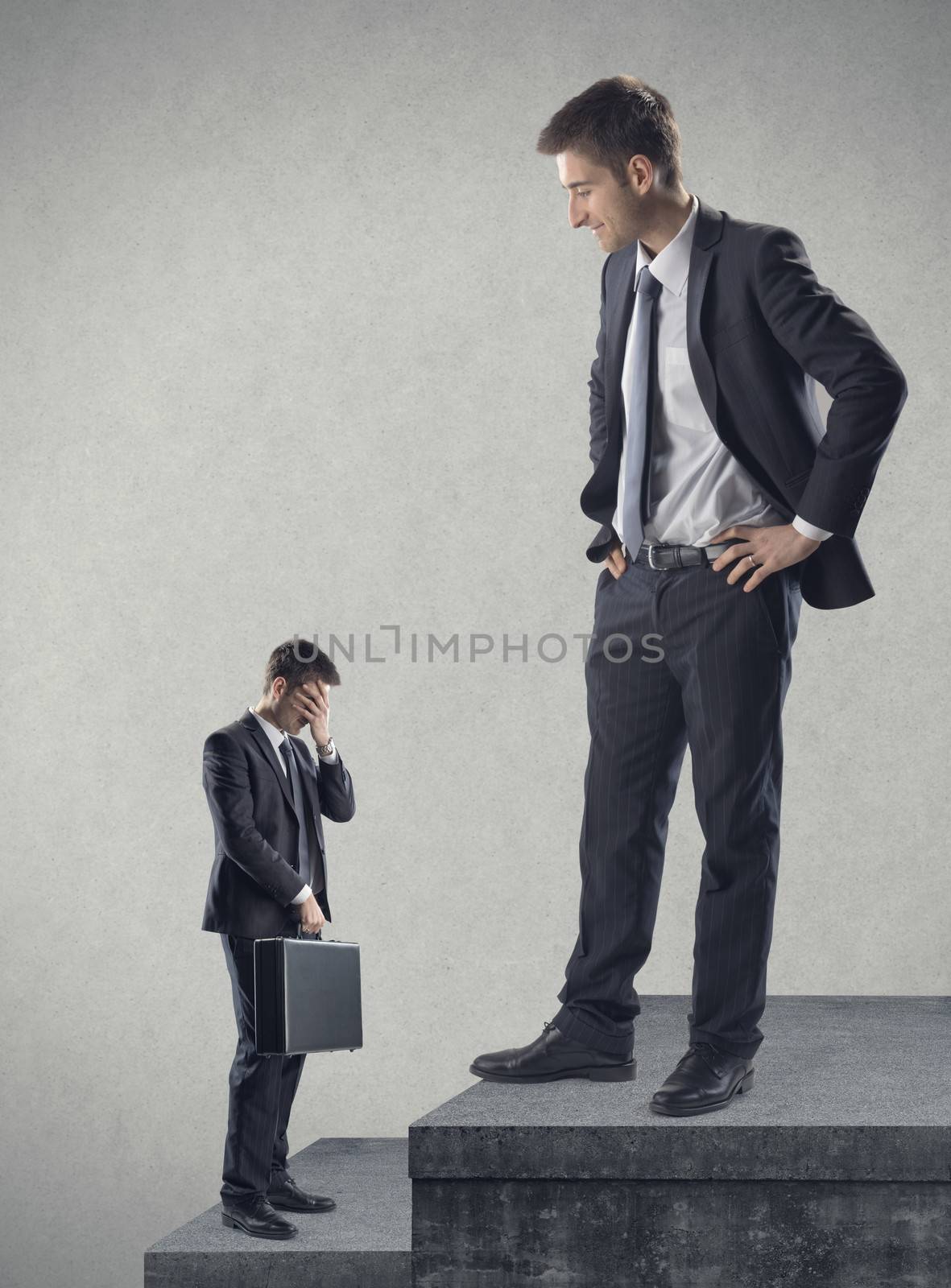 Businessman climbing stairs and growing, self improvement concept.