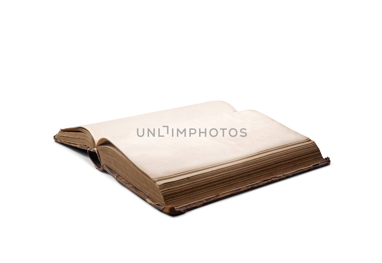 Ancient open book with blank pages on white background.