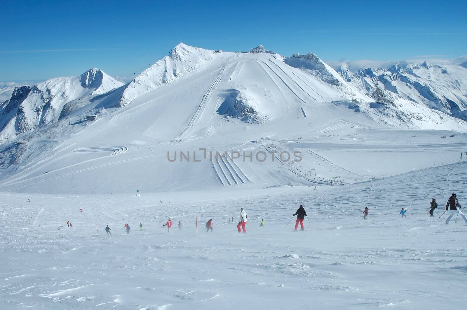 Ski slopes on Hintertux glacier in Alps nearby Zillertal valley in Austria