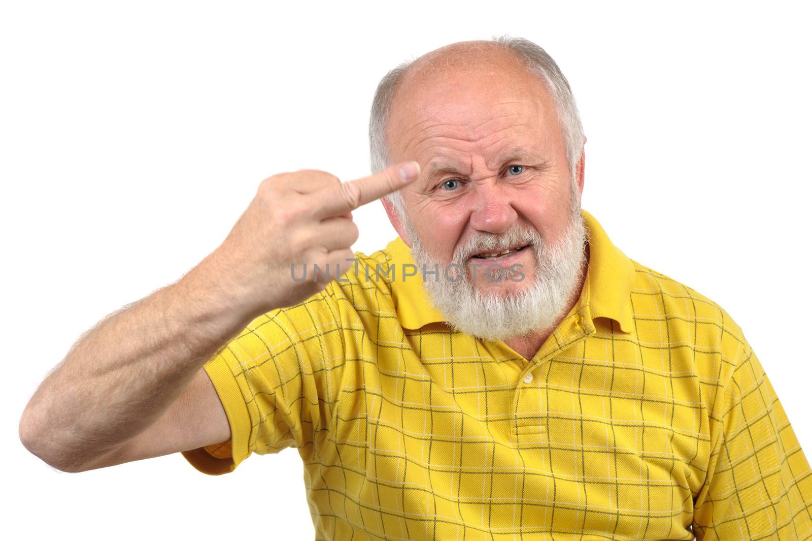 senior bald man shows fuck with middle finger, motion blur at hand