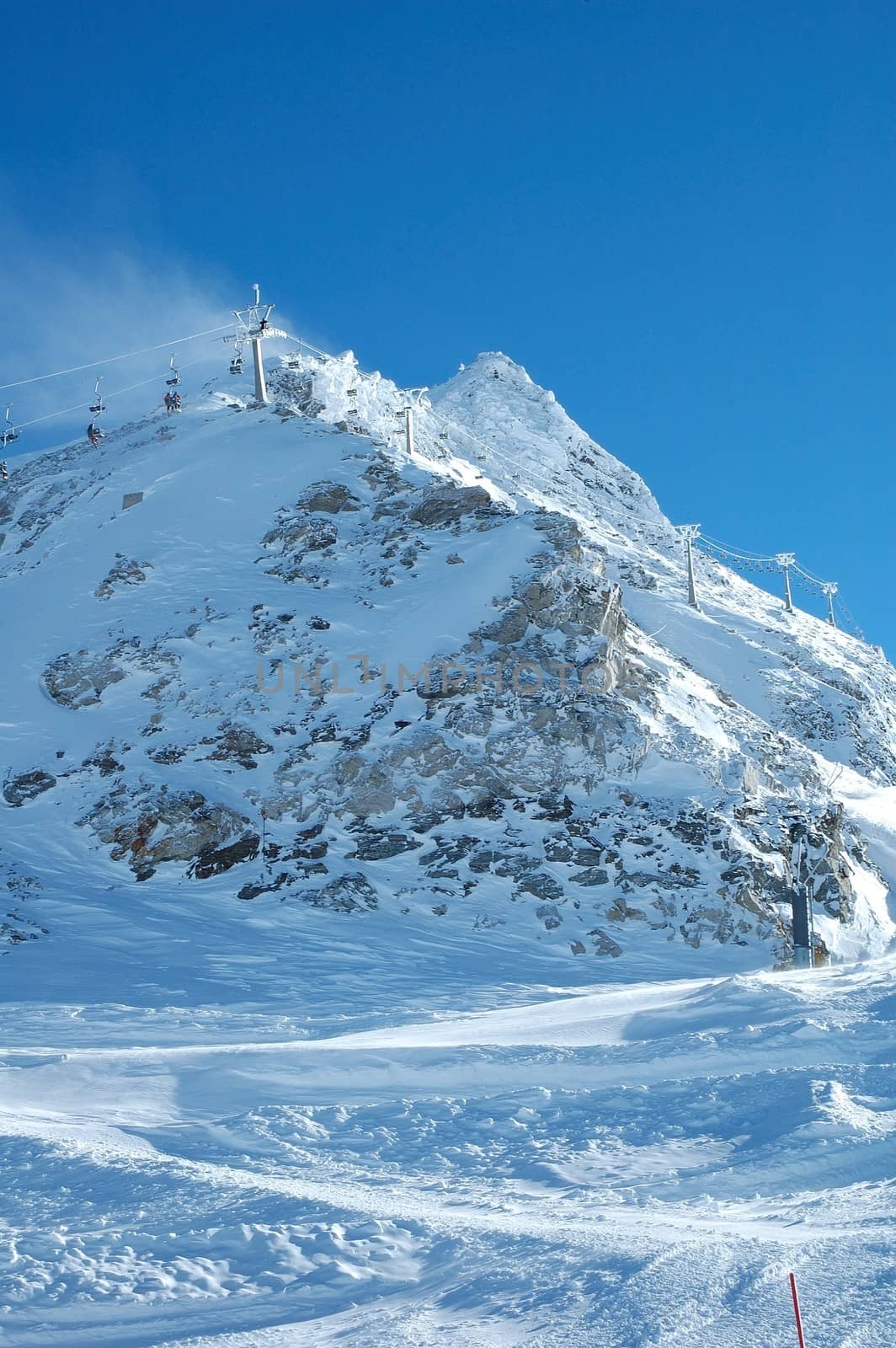 Peak and ski lift nearby Hintertux in Zillertal valley in Austria