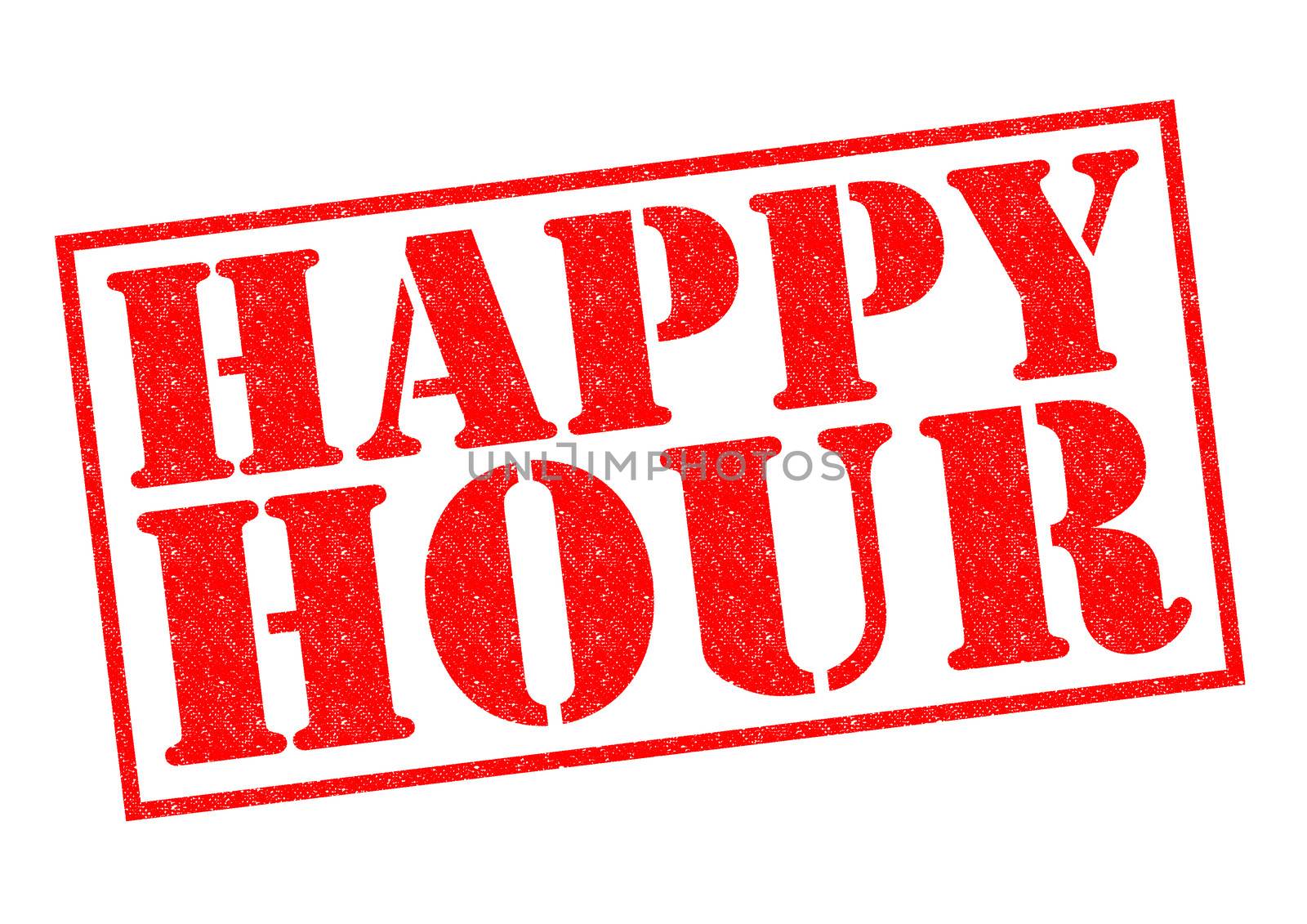 HAPPY HOUR red Rubber Stamp over a white background.