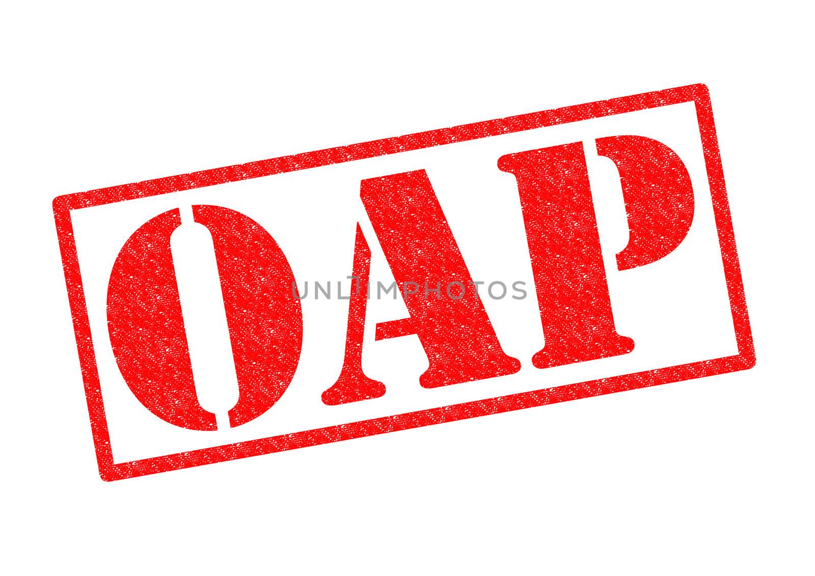 OAP red Rubber Stamp over a white background.