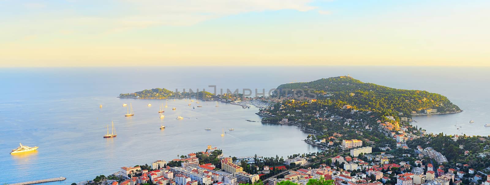 Panoramic sea bay view, yachts and boats. French Riviera, Azure Coast or Cote d Azur, Provence, France 