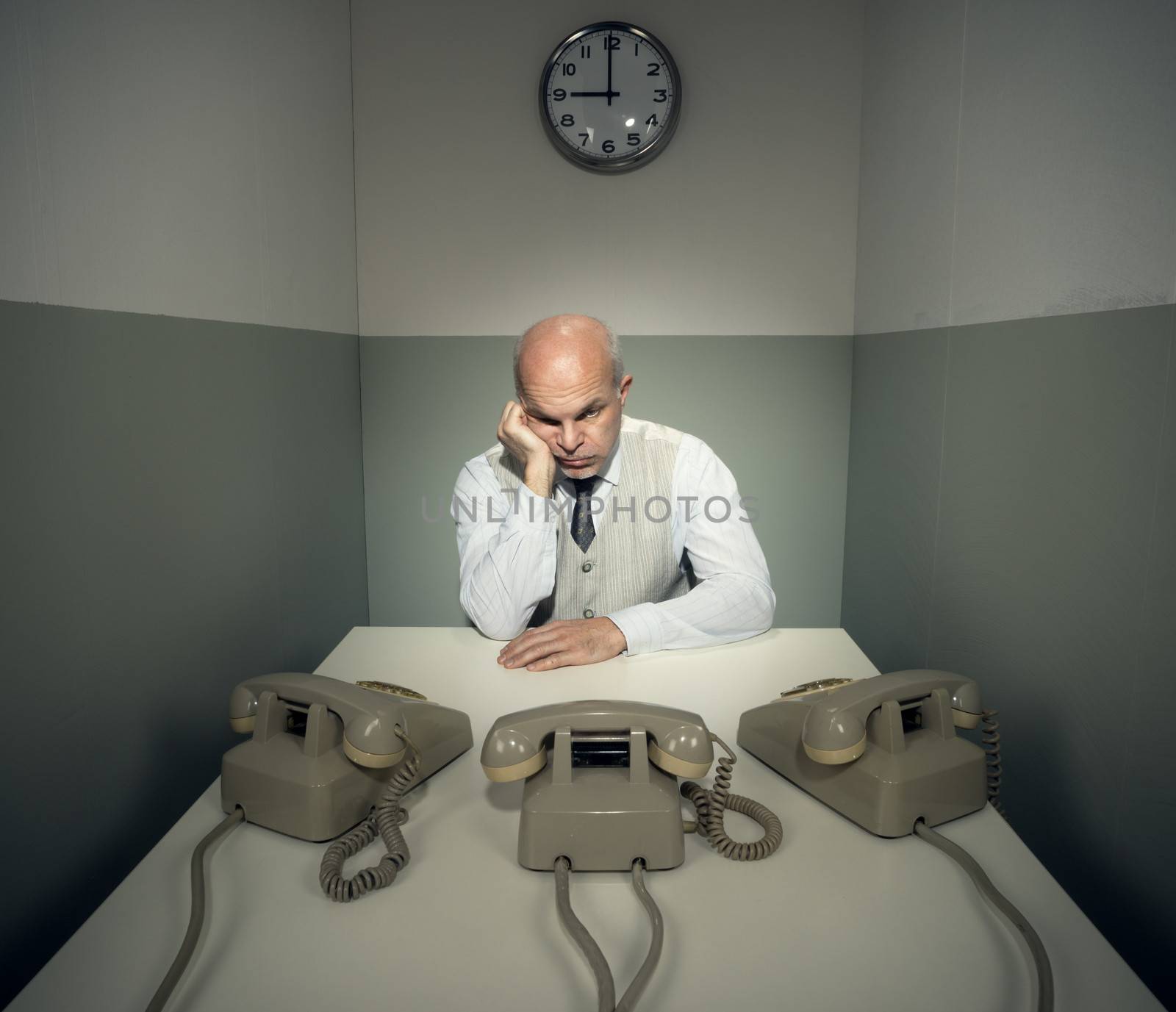 Bored vintage businessman waiting for phone calls.