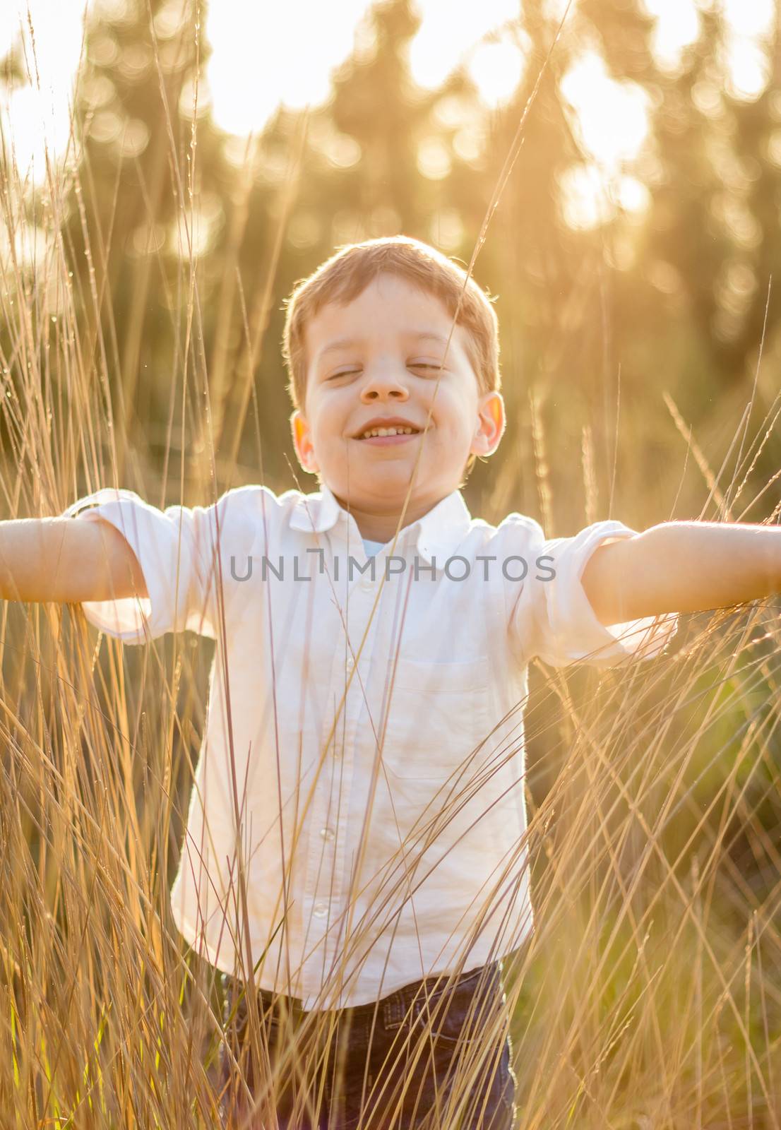 Happy cute kid in a field playing with natural spikes at summer sunset. Soft colors edition.