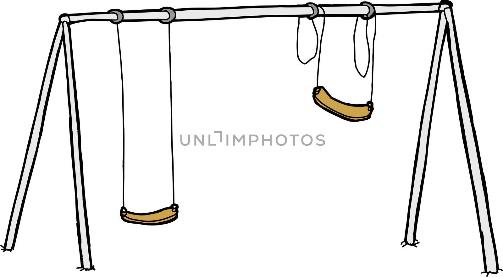 Isolated vandalized swing set over white background