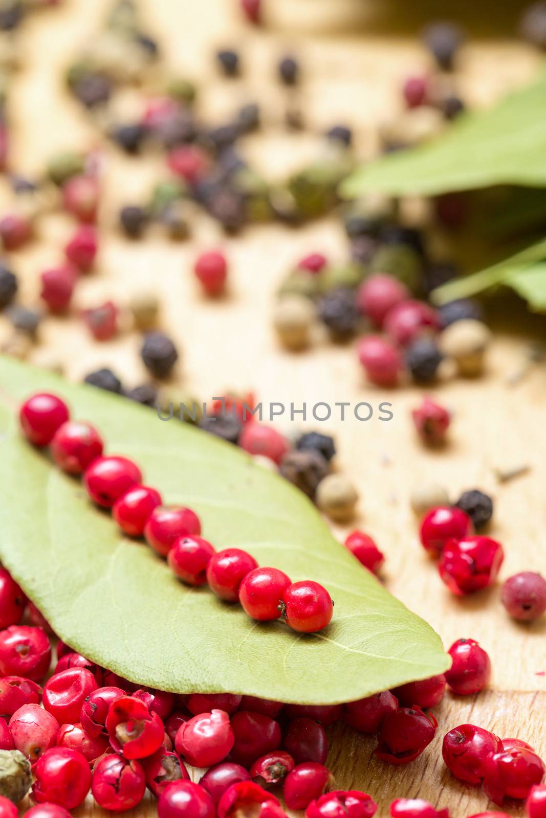 Dry bay laurel leaf with multicolored peppercorn closeup on wooden background