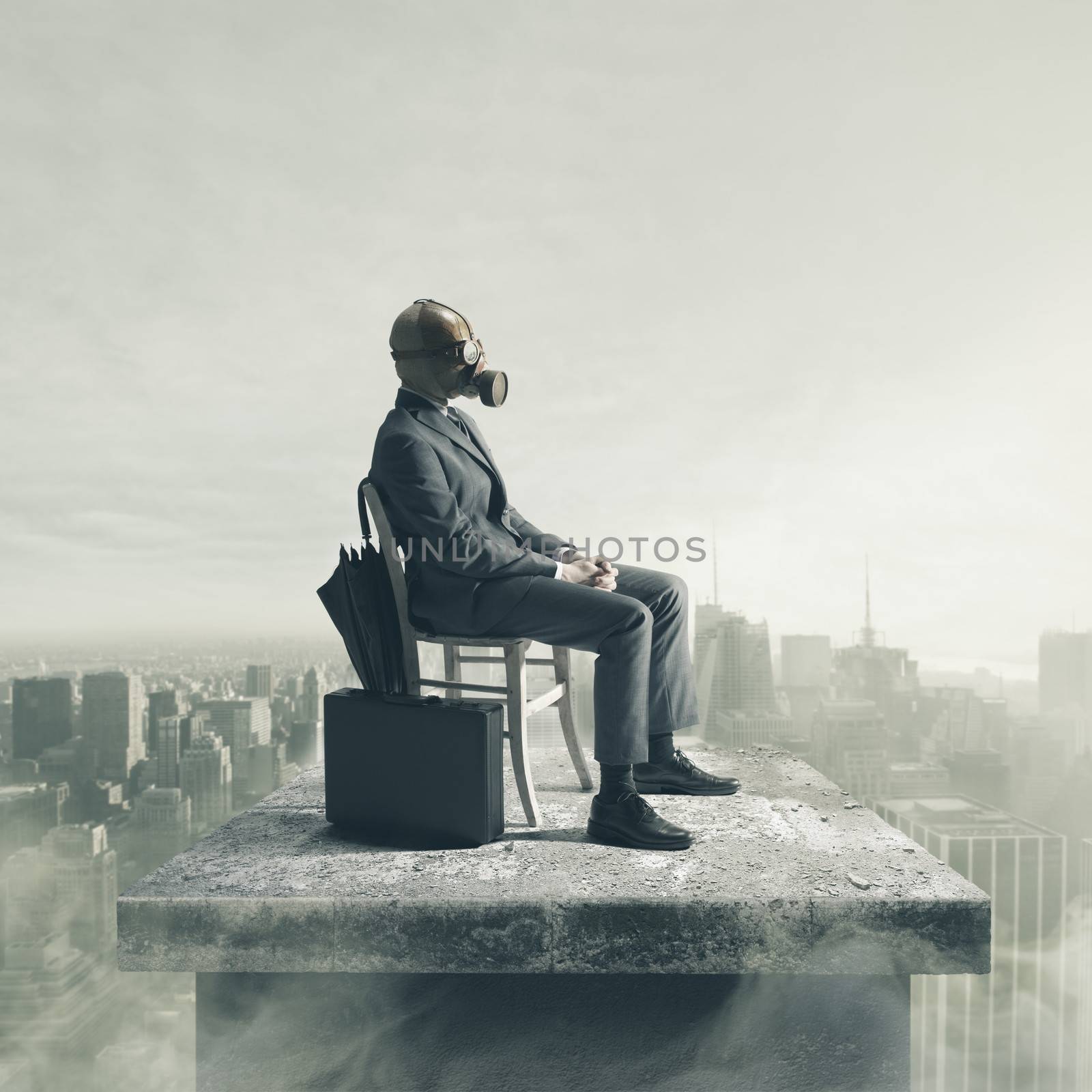 A businessman wearing a gas mask, enjoying a sunny day