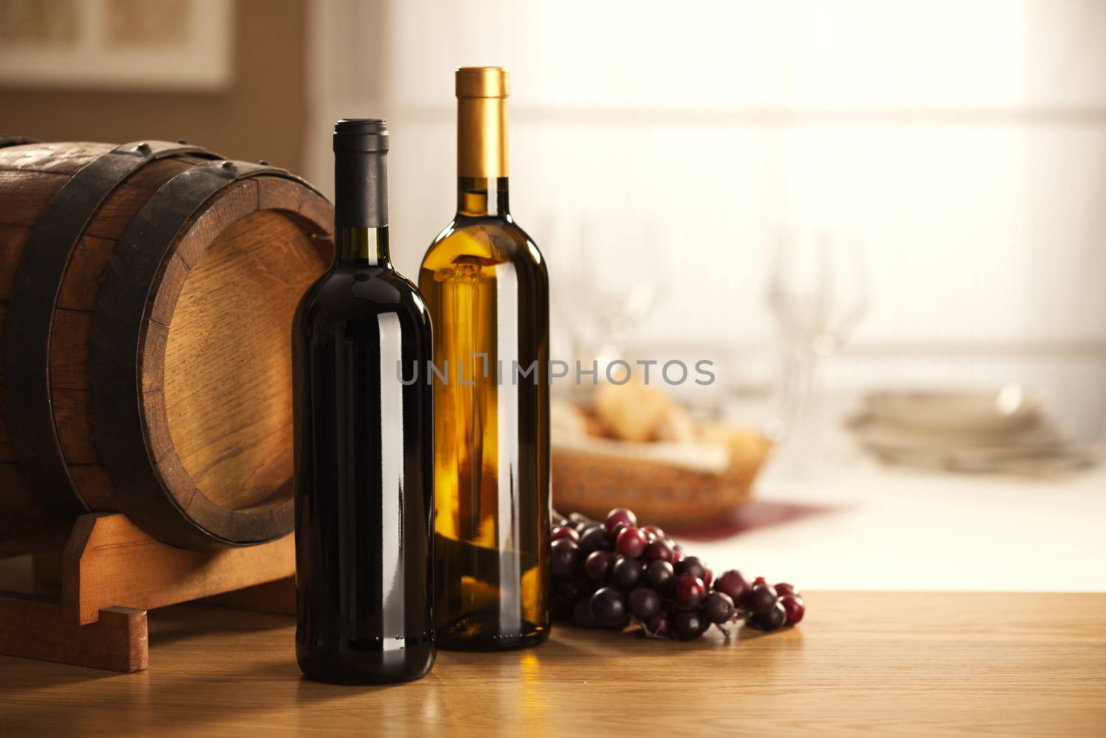 Wine selection with barrel and grapes by stokkete