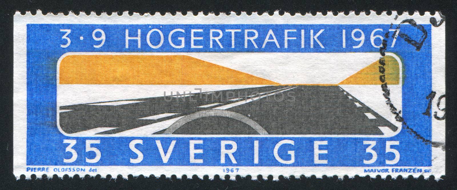 SWEDEN - CIRCA 1967: stamp printed by Sweden, shows Right hand Driving as Seen Through Windshield, circa 1967