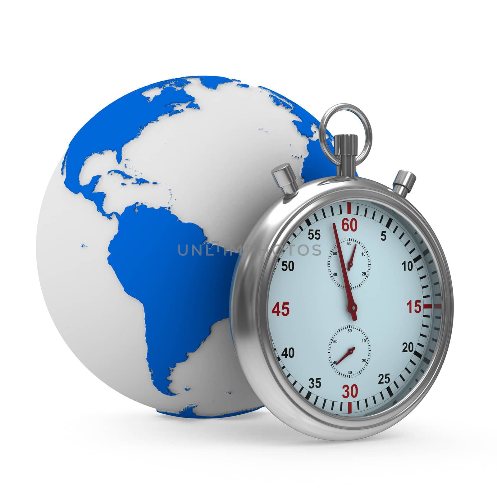 Stopwatch and globe on white background. Isolated 3D image