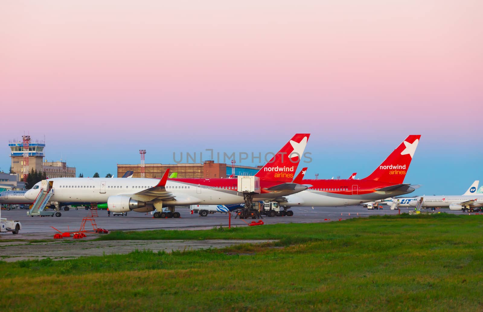 NOVOSIBIRSK, RUSSIA - SEPTEMBER 13, 2013: Nordwind Airlines airplanes before at the airfield. Spotting at airport Tolmachevo, Sep.13, 2013, Novosibirsk, Russia.