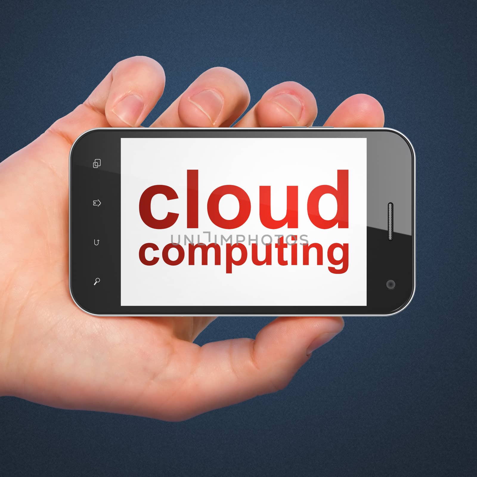 Cloud networking concept: hand holding smartphone with word Cloud Computing on display. Mobile smart phone on Blue background, 3d render