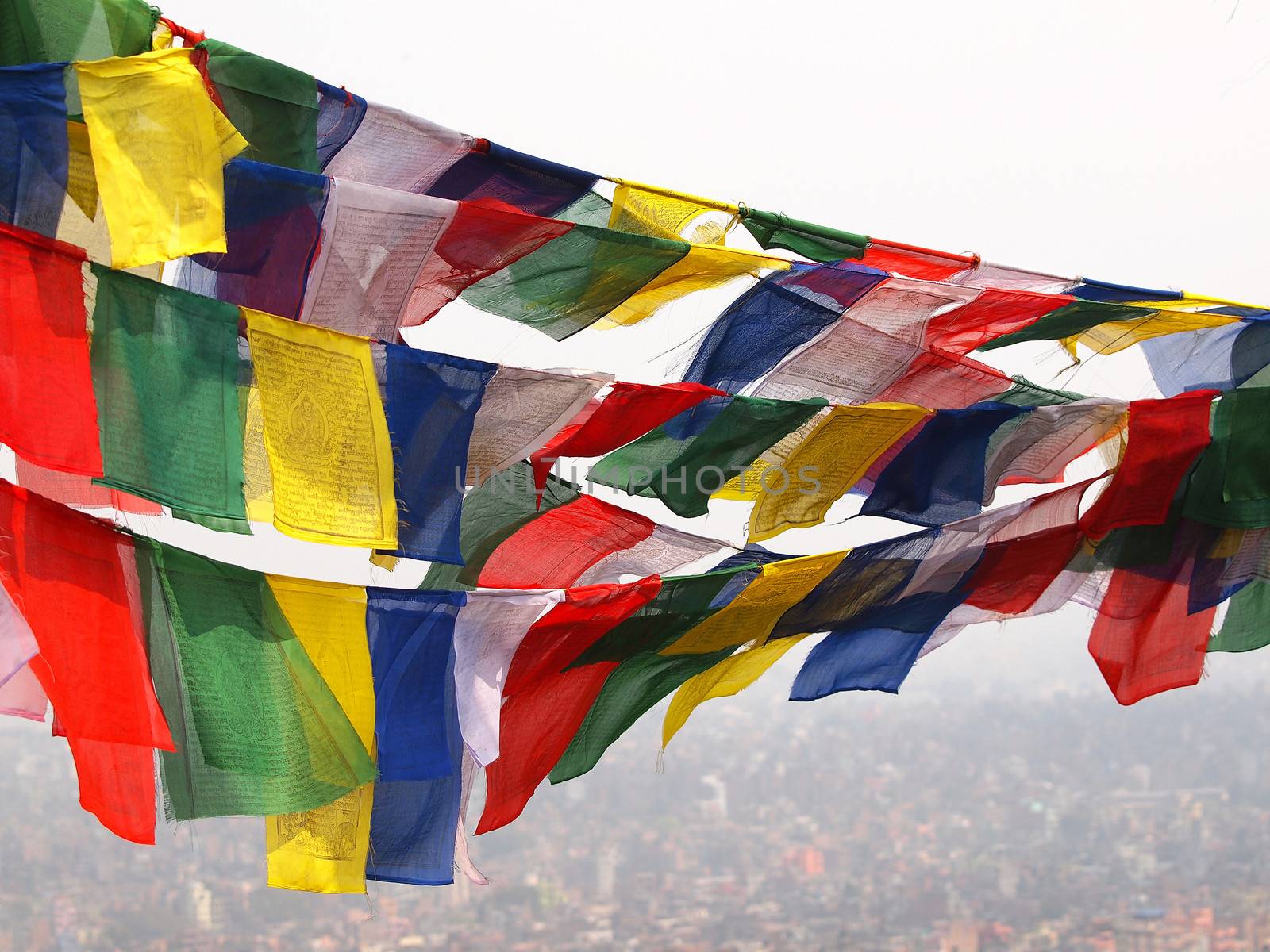 flags in the sky over the Kathmandu, Nepal       