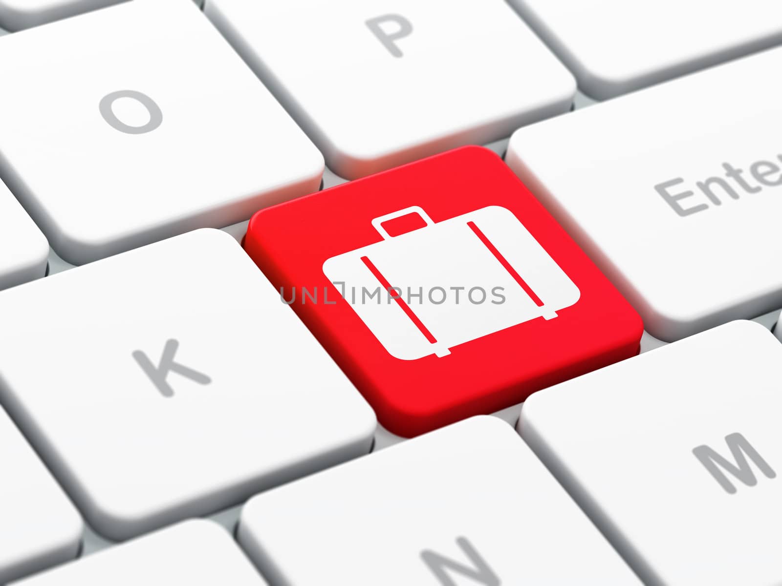 Vacation concept: computer keyboard with Bag icon on enter button background, selected focus, 3d render
