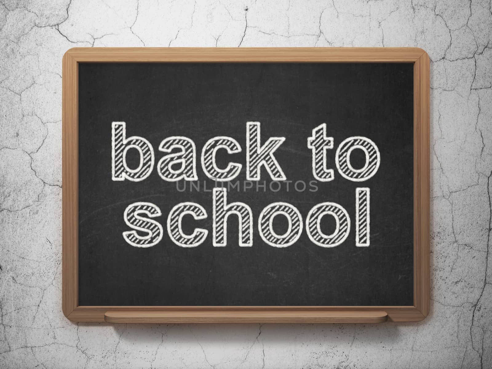 Education concept: text Back to School on Black chalkboard on grunge wall background, 3d render