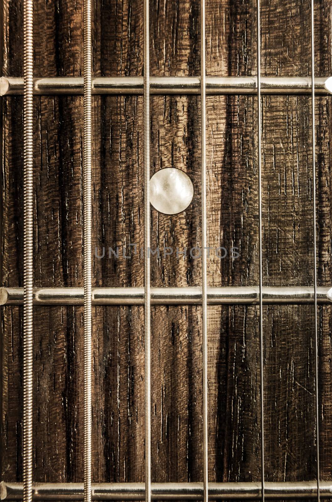 Detail close-up view of guitar strings and frets in vintage style