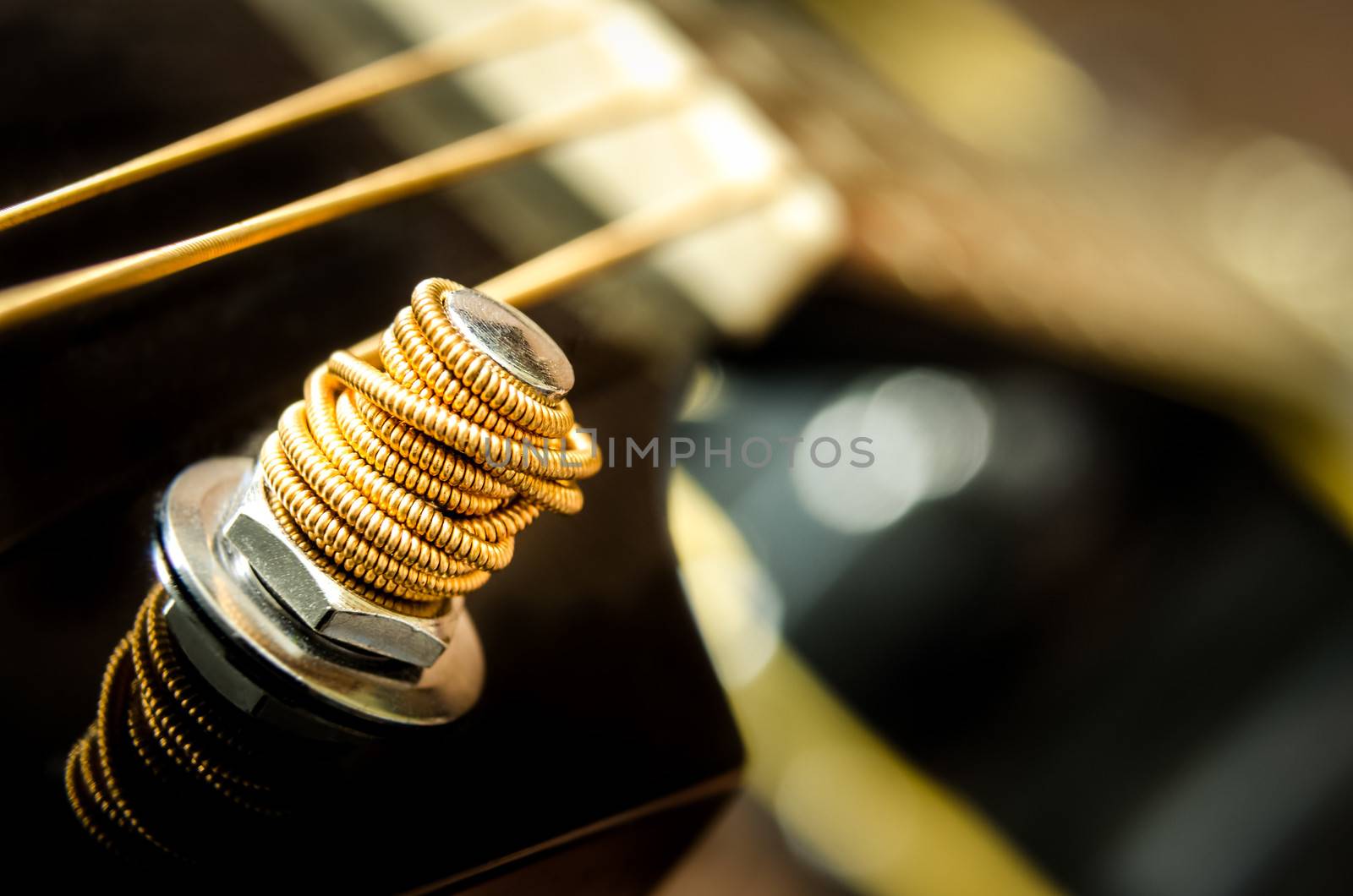 Close up detail of guitar string and blurred background