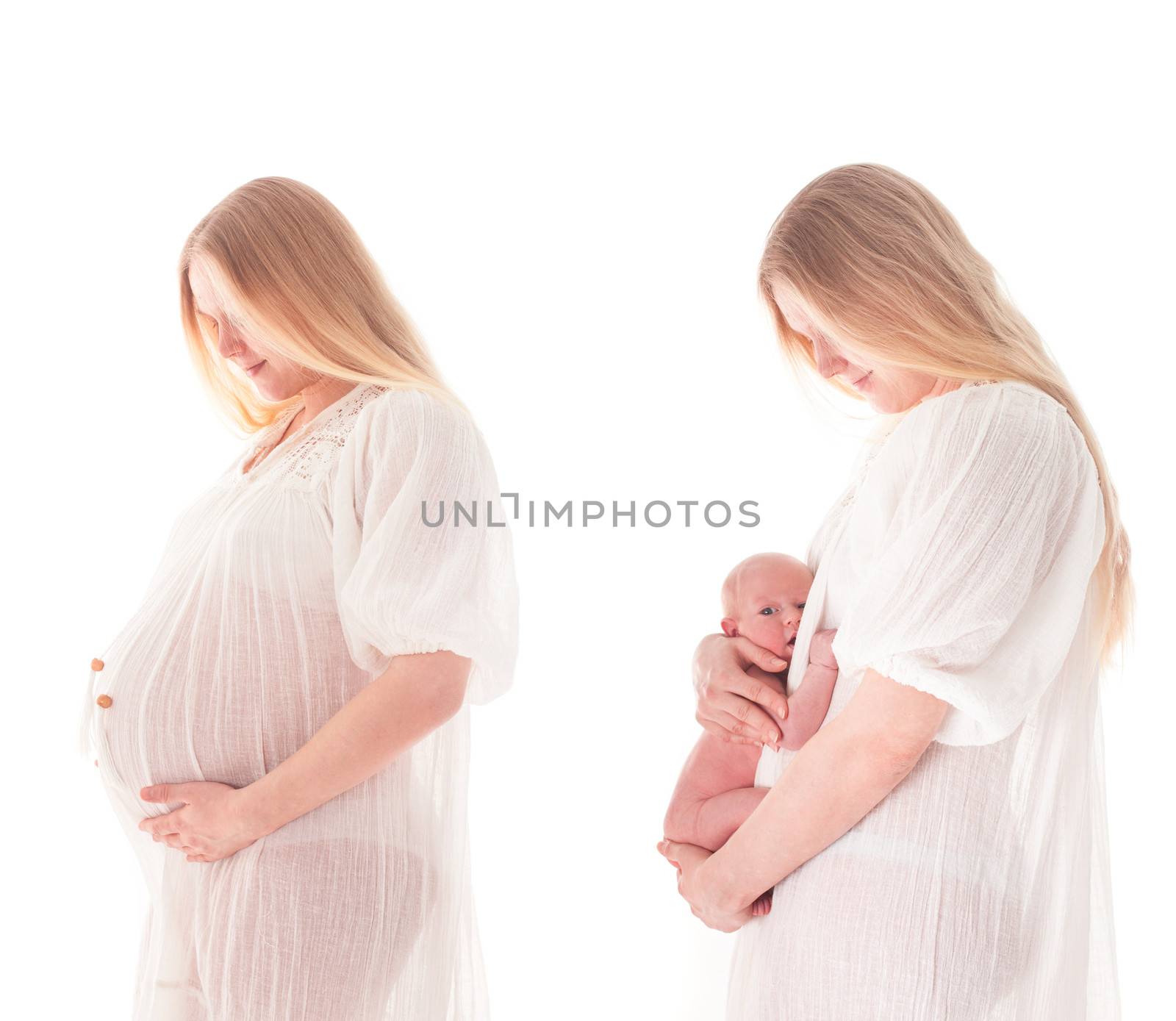 Before and after: pregnant woman and mother with newborn baby on white