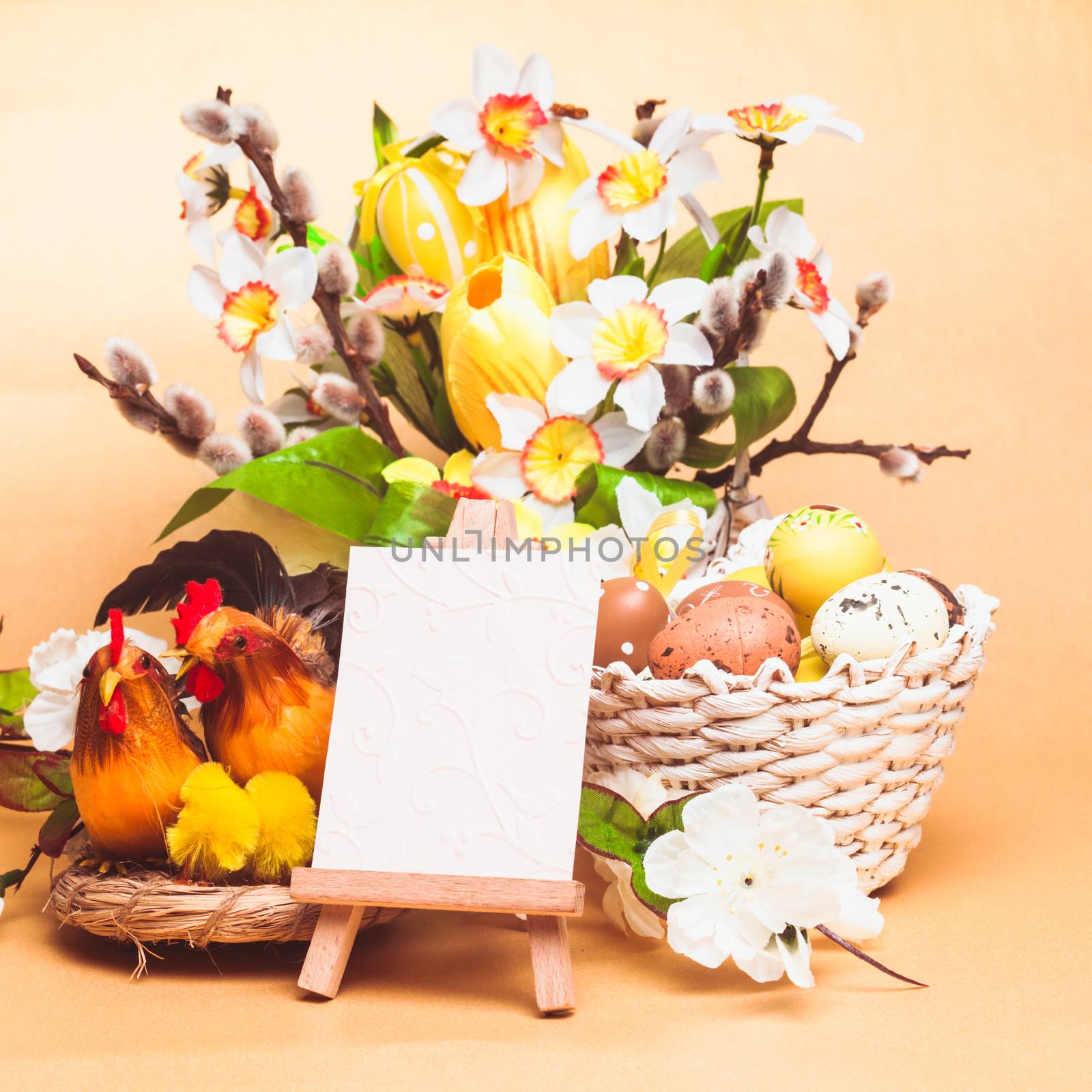 Easter greetings with eggs, flowers and chiken