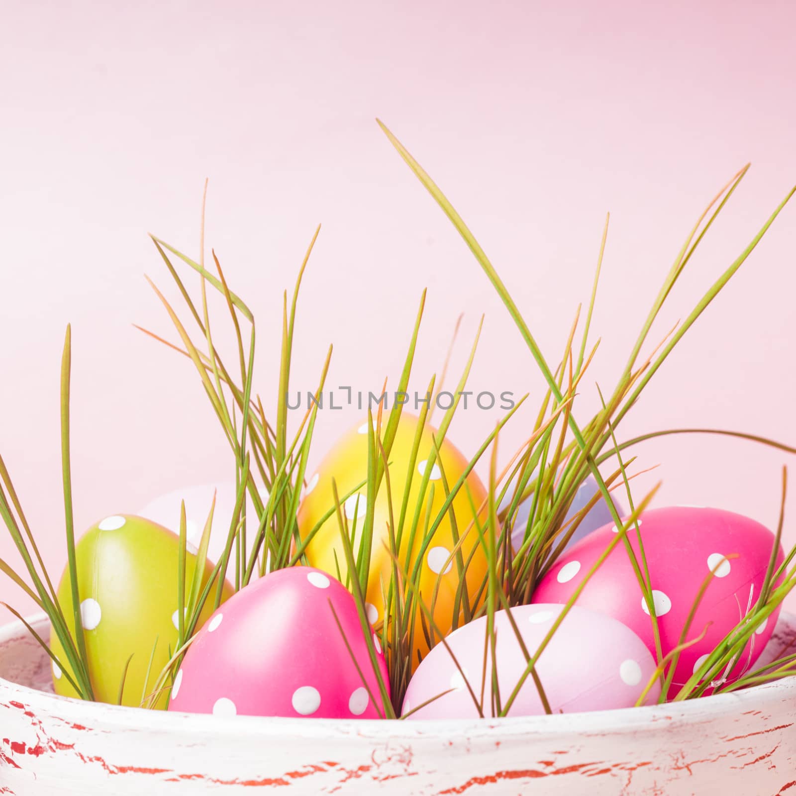 Decorative eggs in pot with grass over pink background. Easter decor.