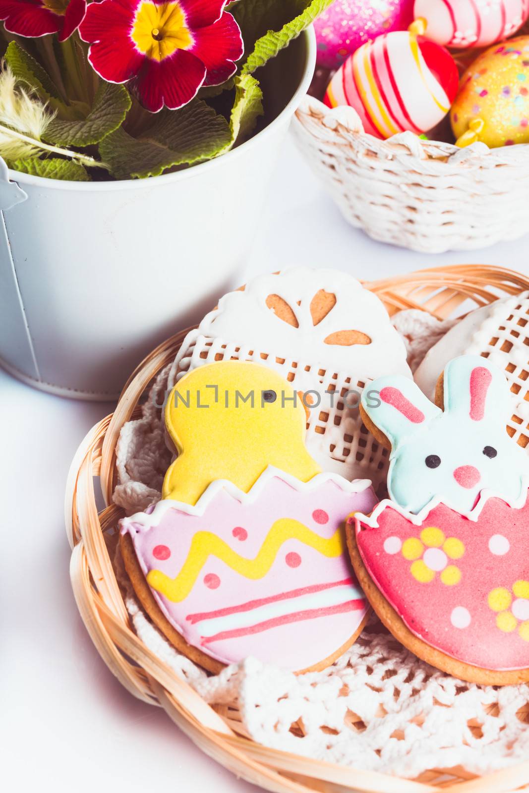 Easter cookies and decorative eggs. Easter decor