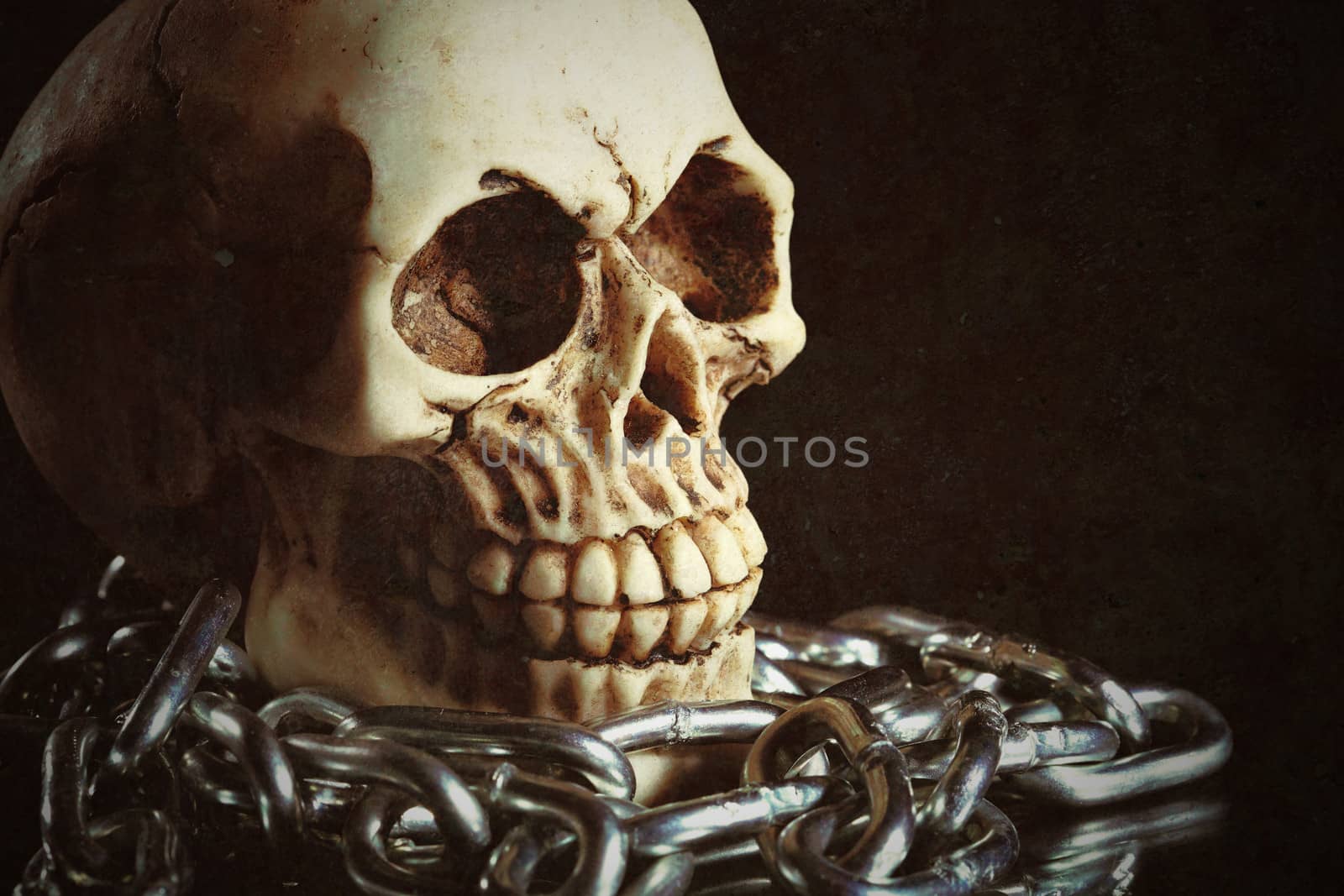 macabre scene with an human skull and chains