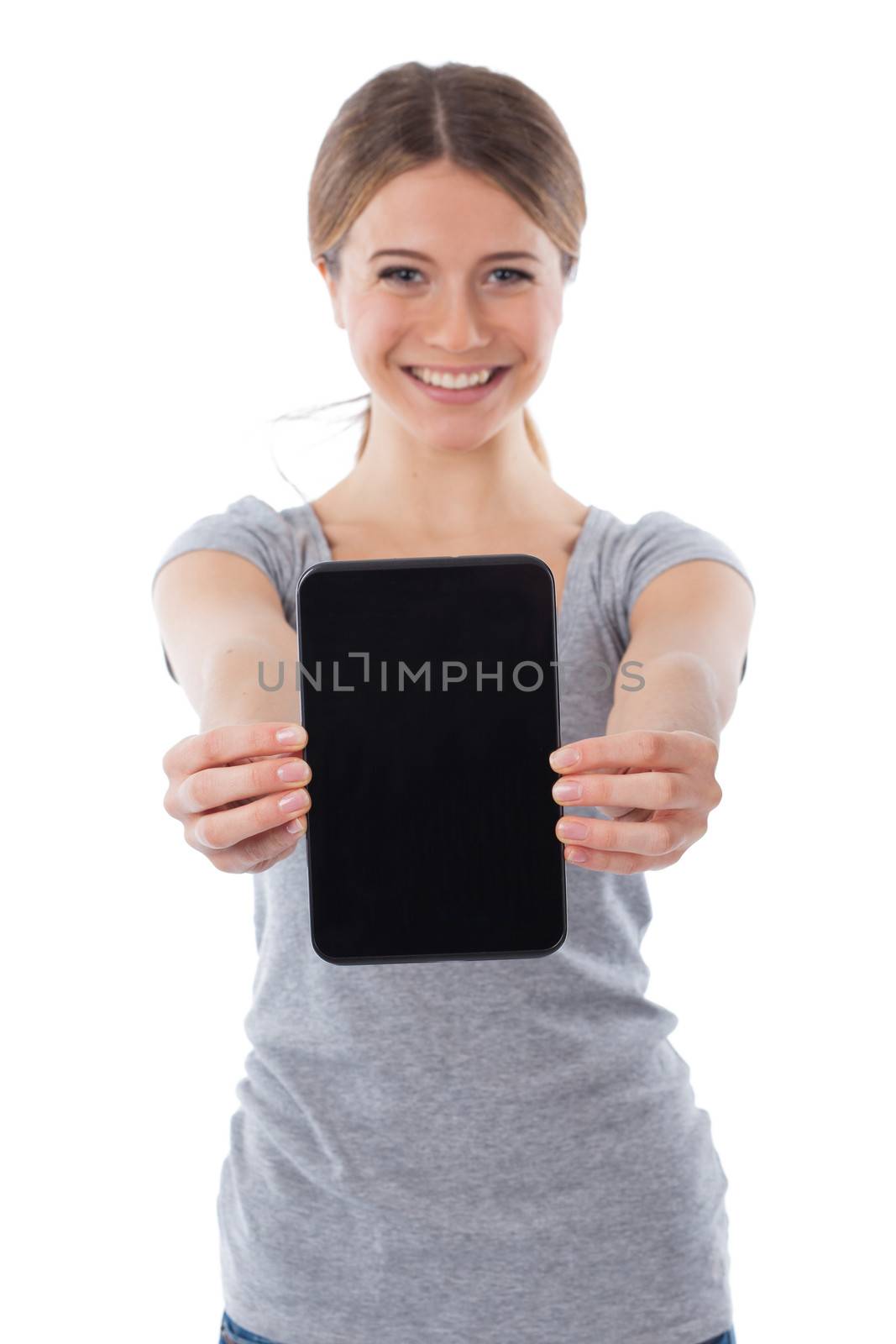 Young woman holding a blank touchpad, communication concept