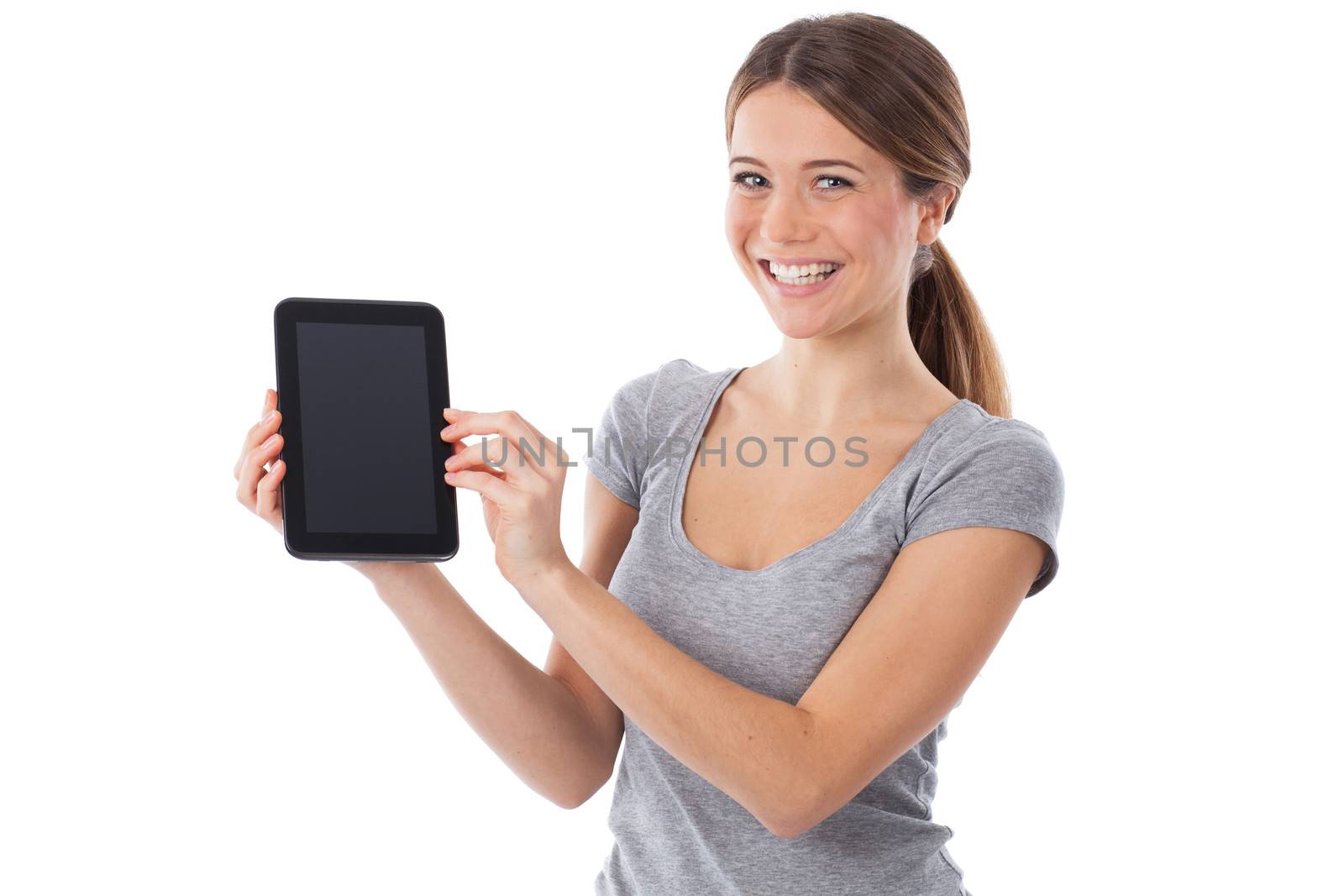 Happy woman presenting a digital tablet by TristanBM