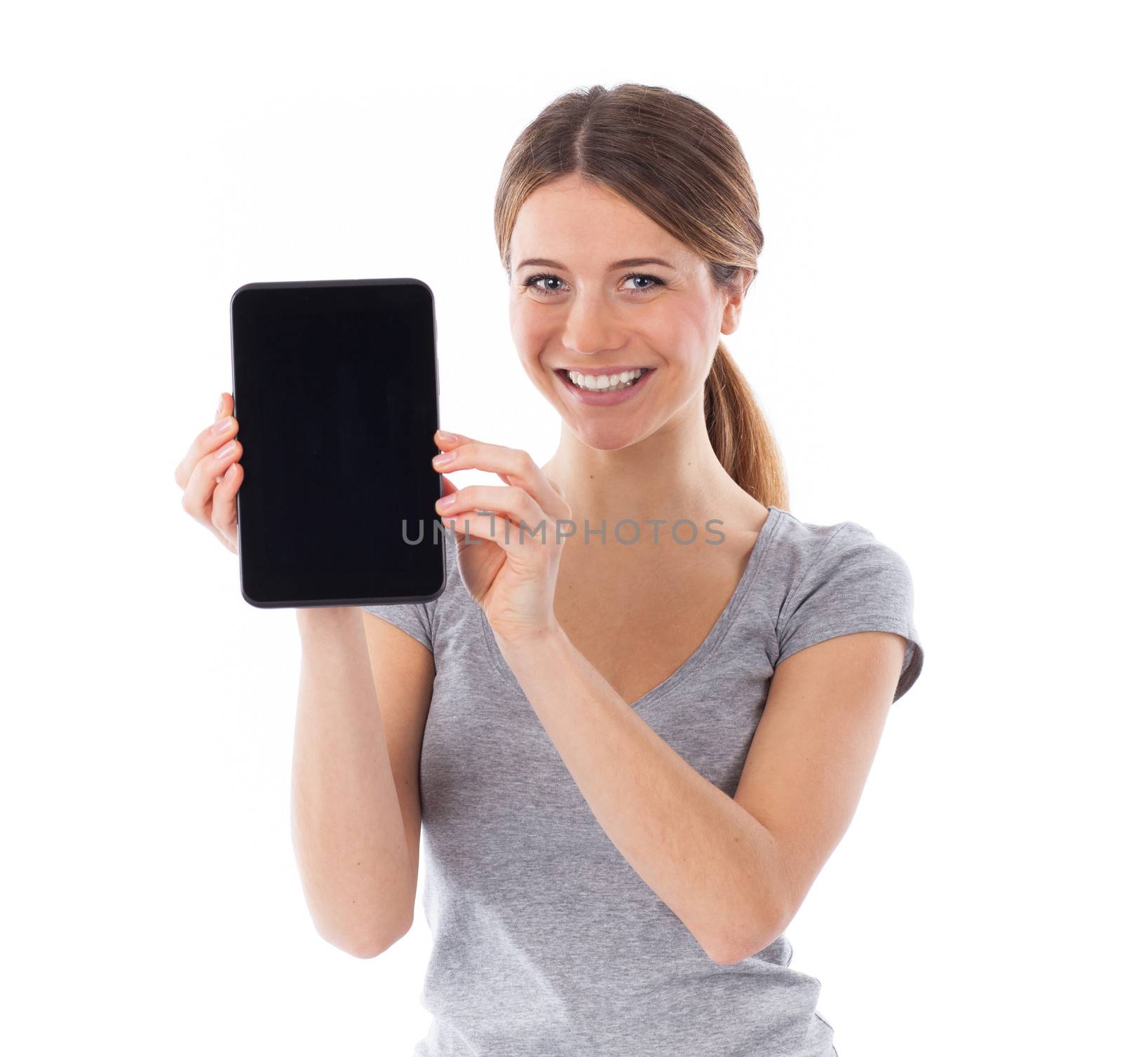 Young woman presenting a touchpad, communication concept