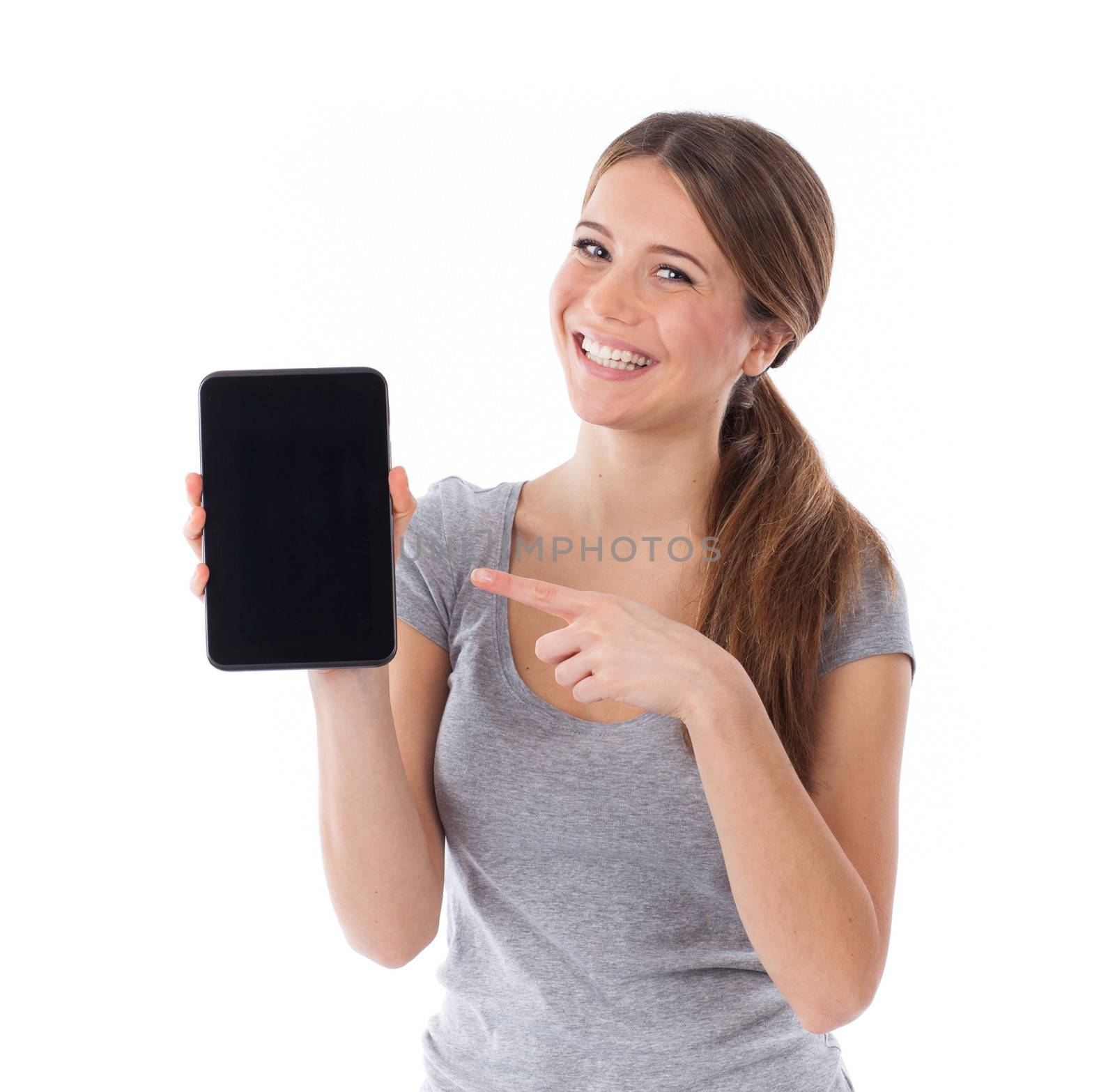 Cheerful woman presenting a blank electronic tablet, communication concept