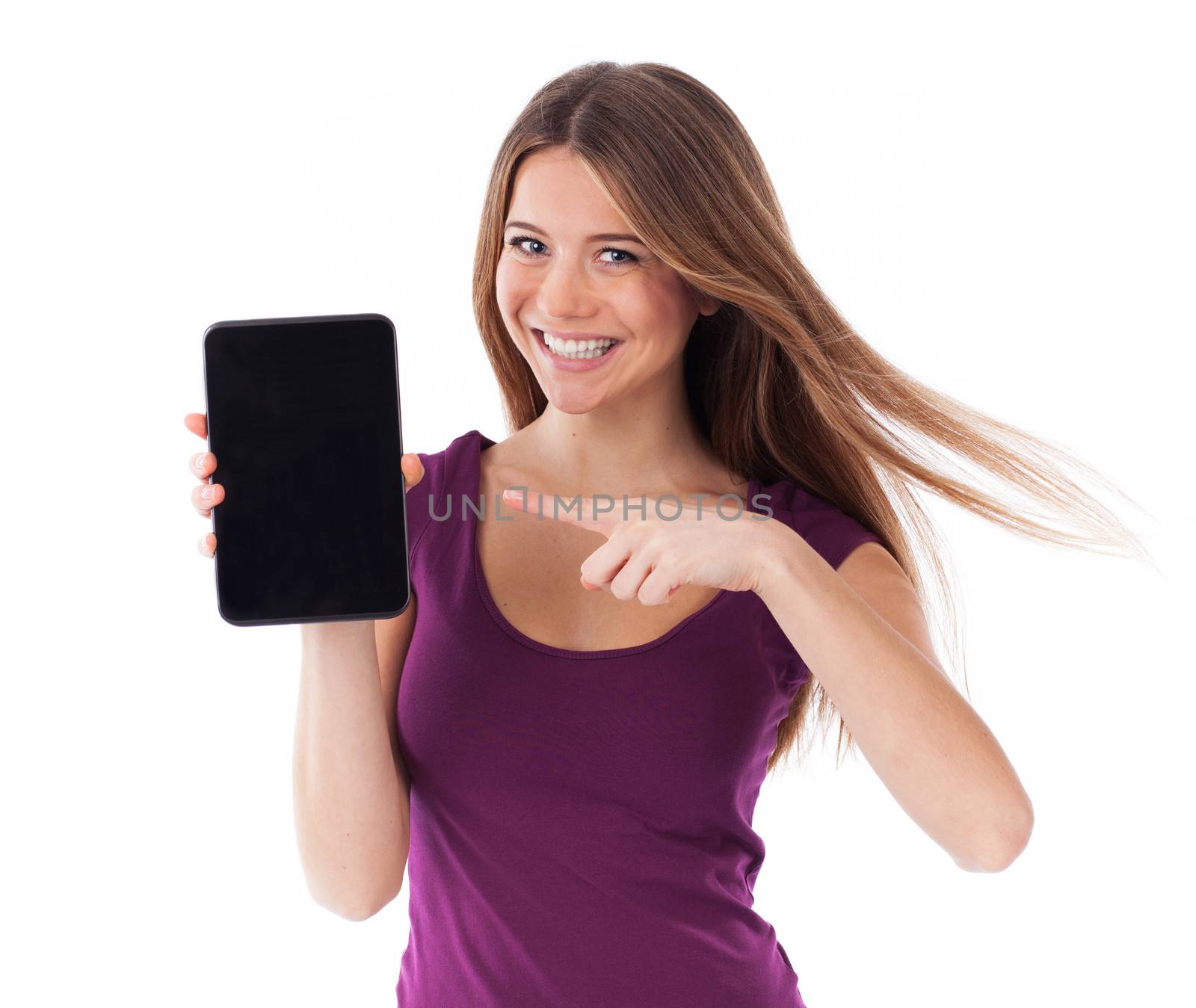 Cheerful woman showing a touchpad by TristanBM
