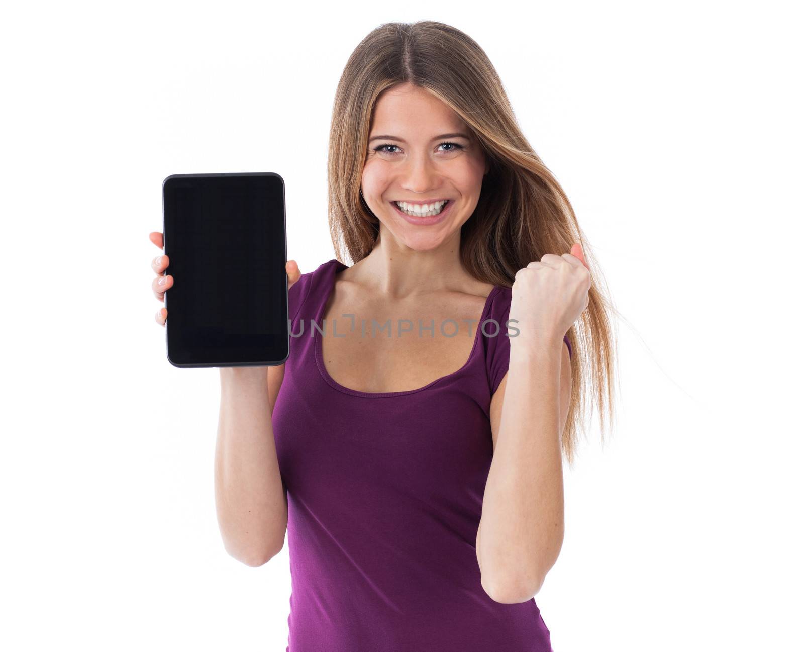 Very happy woman showing a blank electronic tablet, communication concept