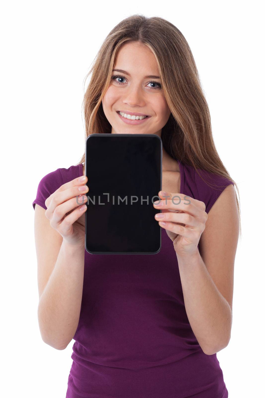 Woman presenting a touchpad with blank screen, isolated on white