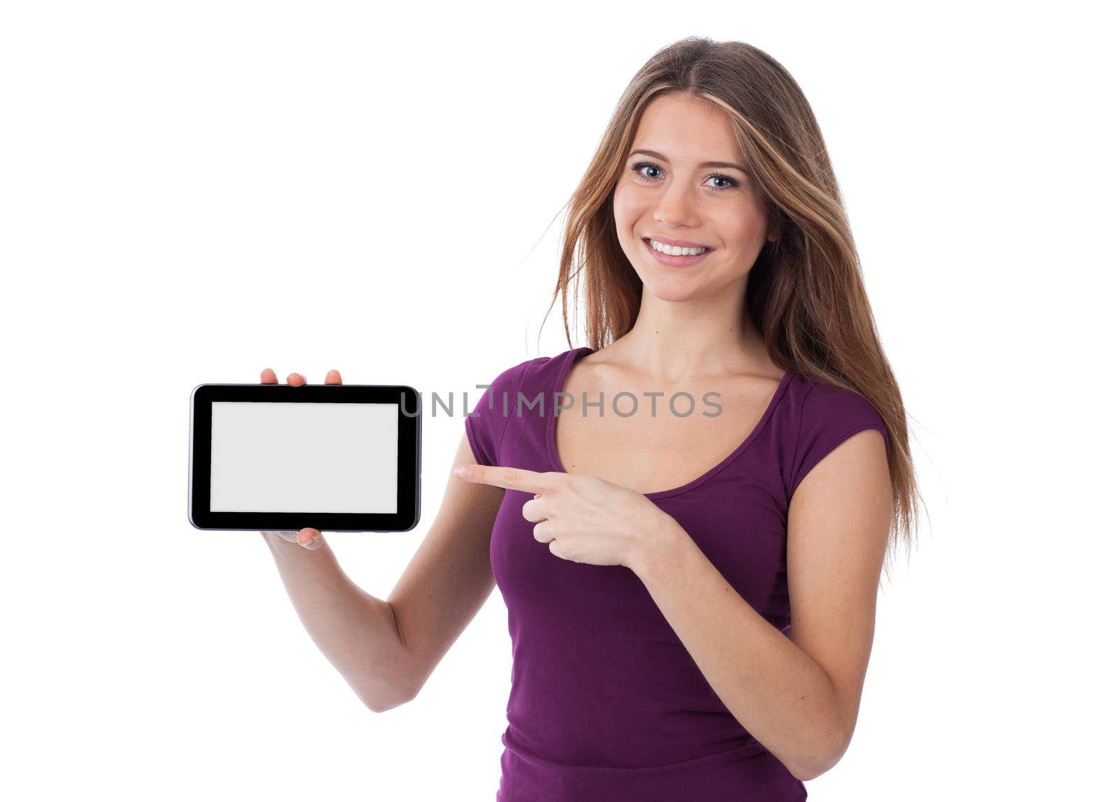 Woman showing a touchpad, isolated on white, communication concept