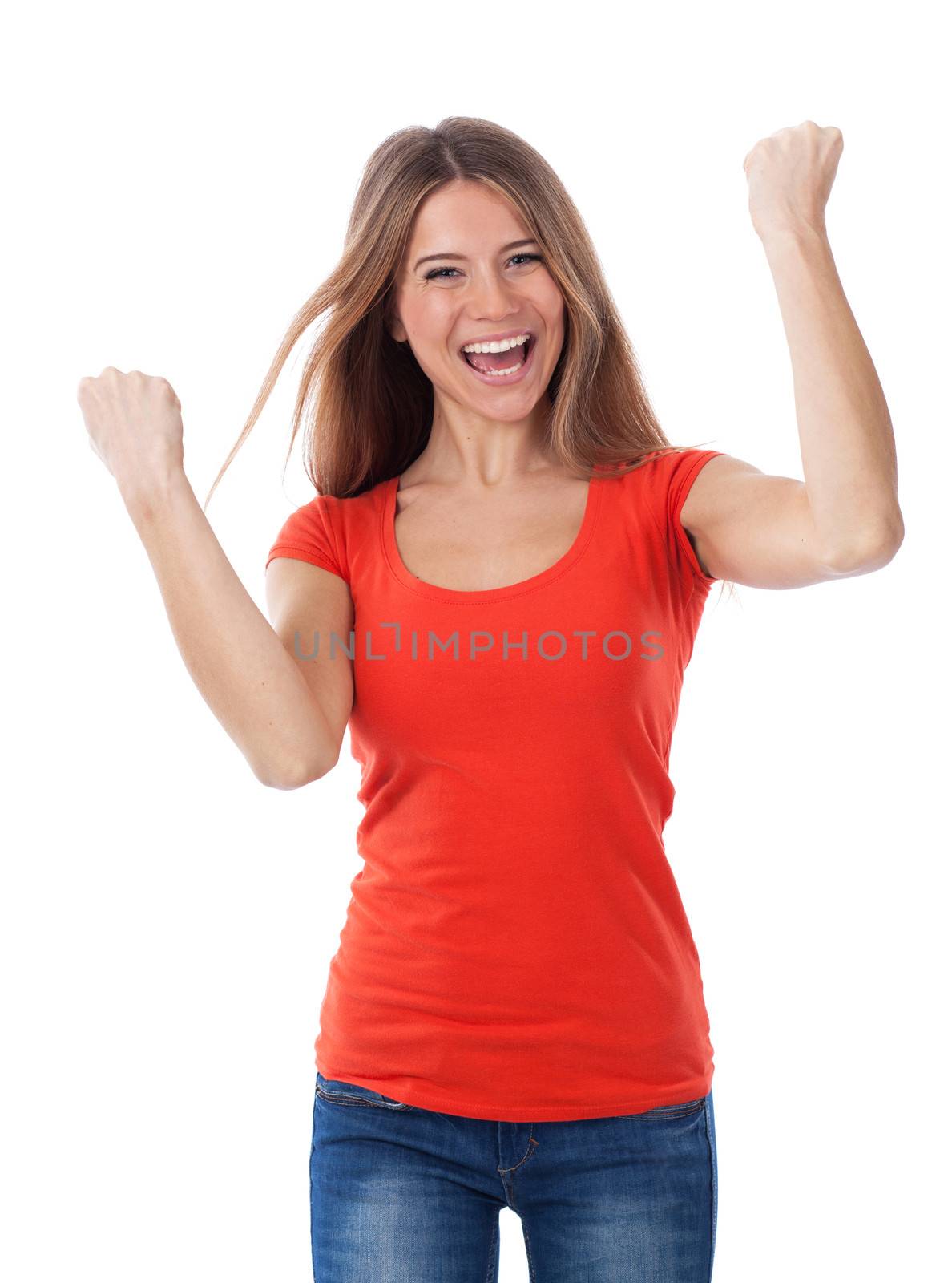 Cheerful young woman having a successful gesture, isolated on white