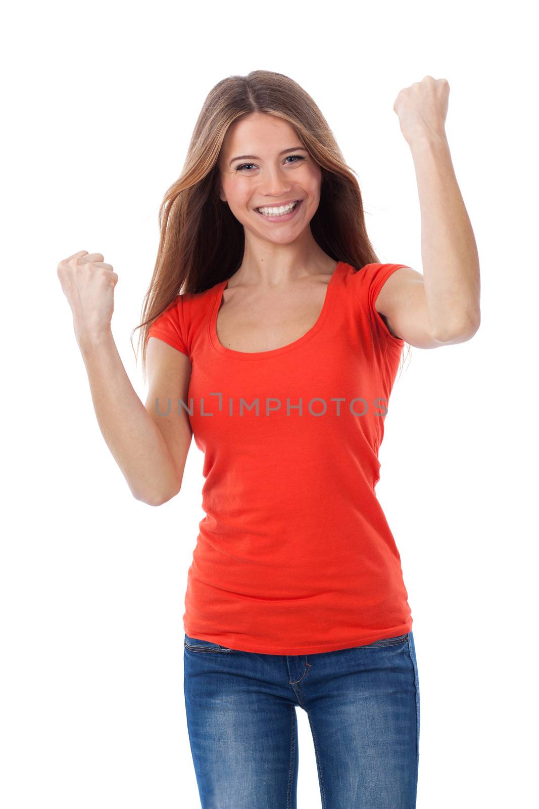 Very happy woman having a successful gesture, isolated on white