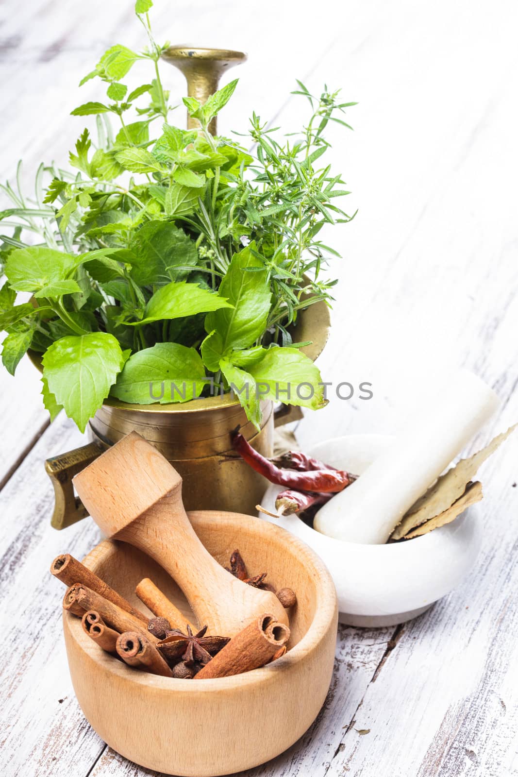 Marble, copper and wooden mortars in the kitchen