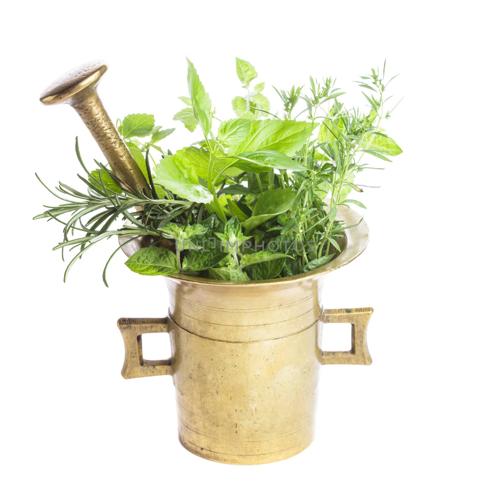 Fresh herbs in the copper mortar on the table