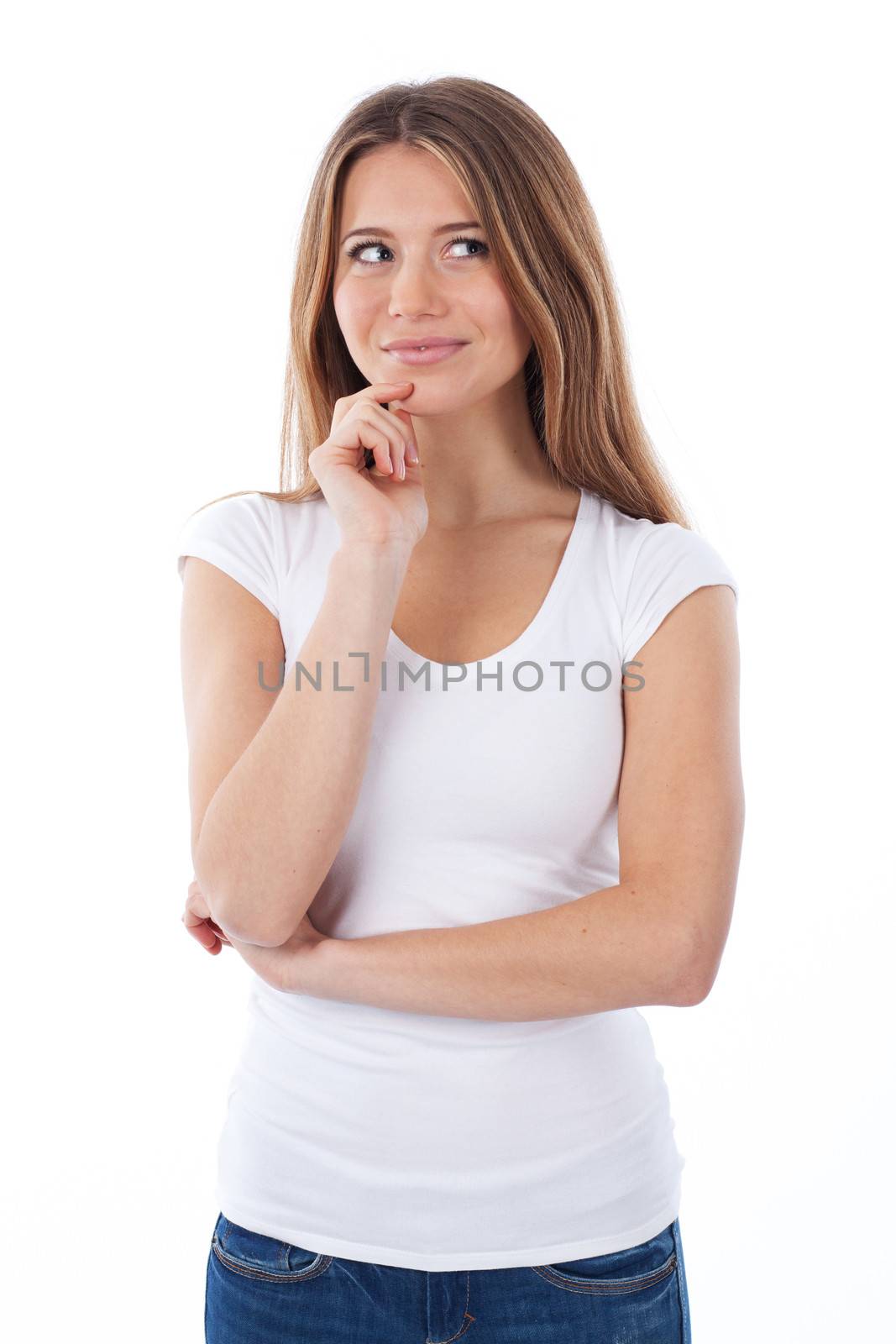 Portrait of a young woman thinking and looking up, isolated on white