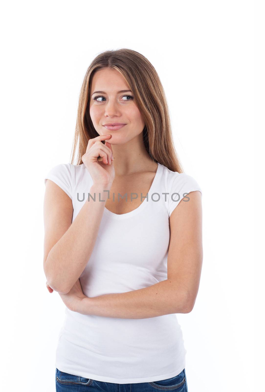 Portrait of a beautiful woman thinking and looking, isolated on white