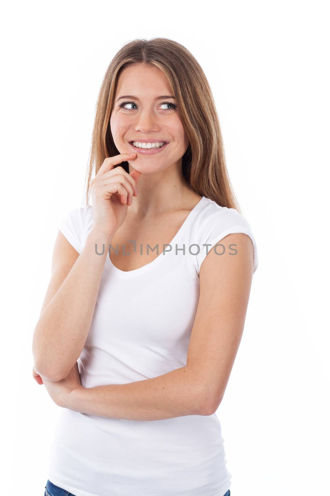 Portrait of a smiling woman looking at something, isolated on white