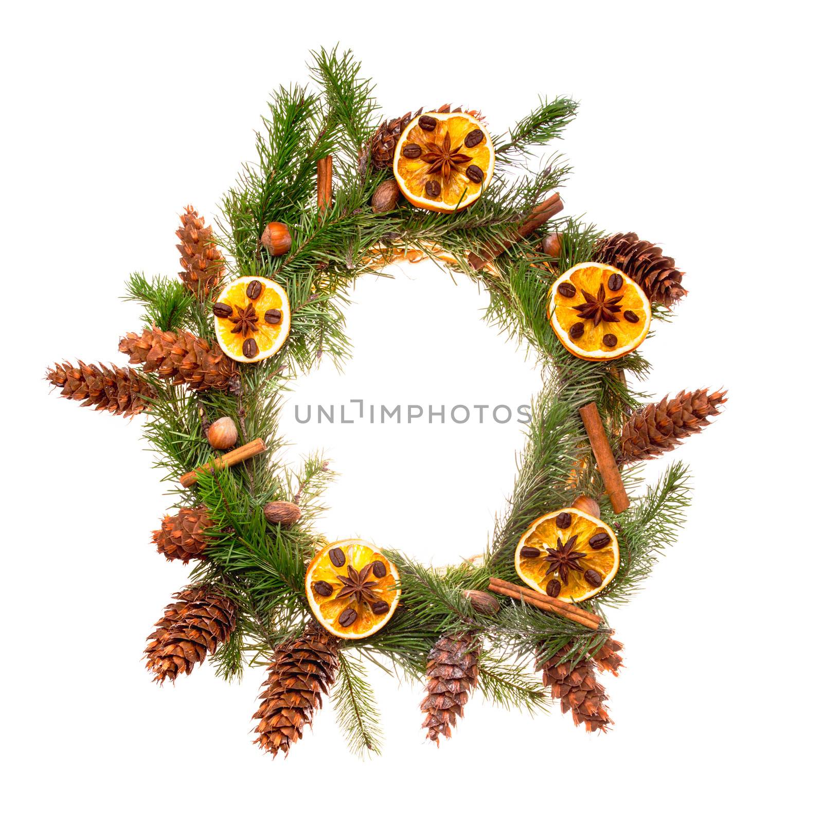 Christmas wreath with dry orange slices and cinnamon sticks