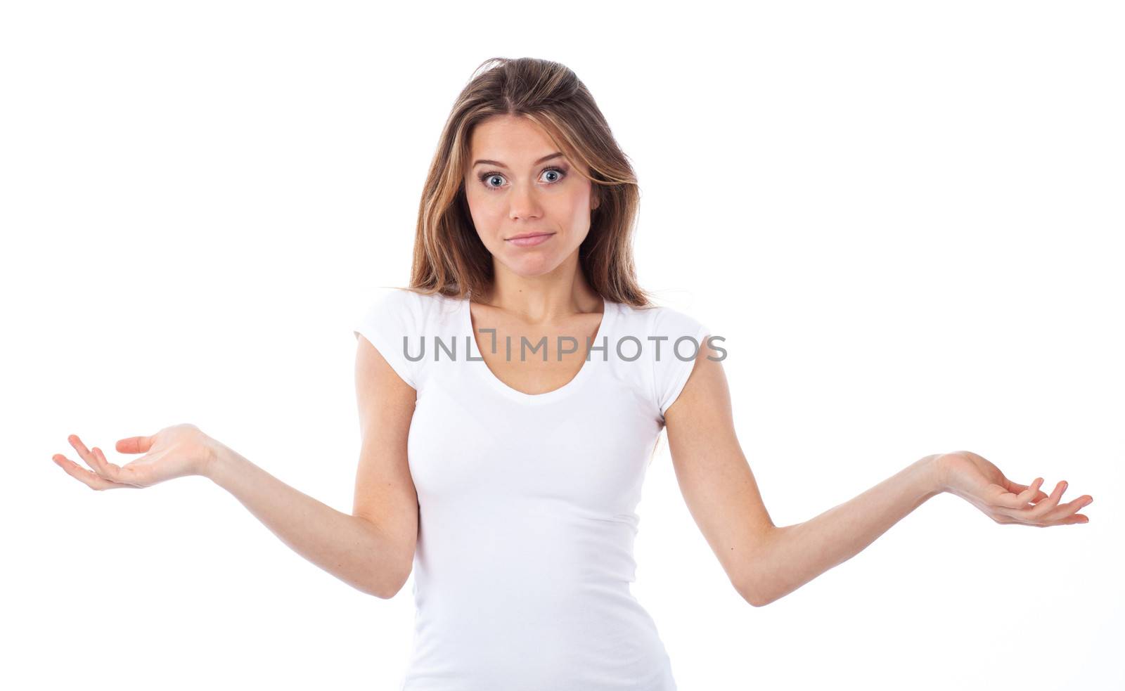 Portrait of a young woman having a doubting gesture, isolated on white