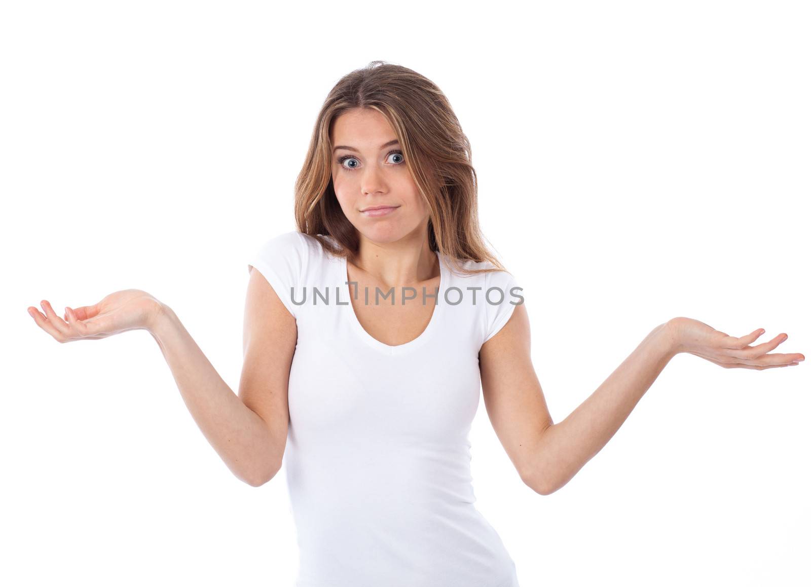 Portrait of a nice woman having a doubting gesture, isolated on white