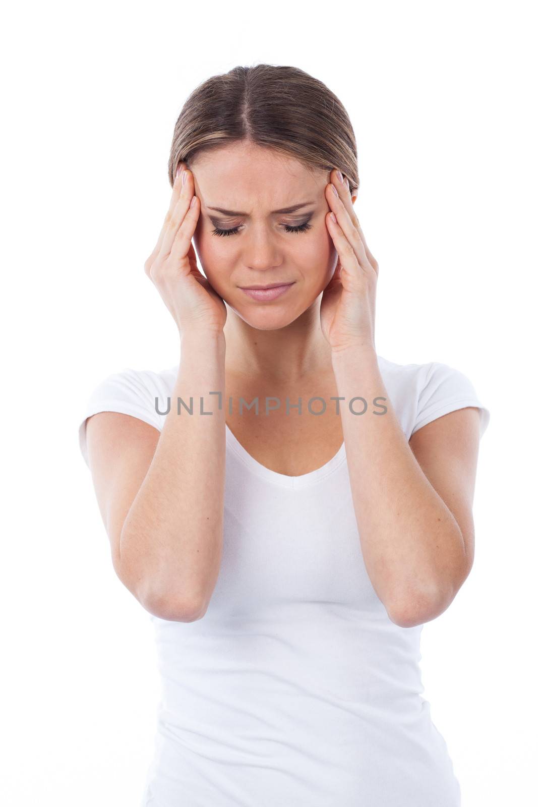 Portrait of woman with headache, isolated on white