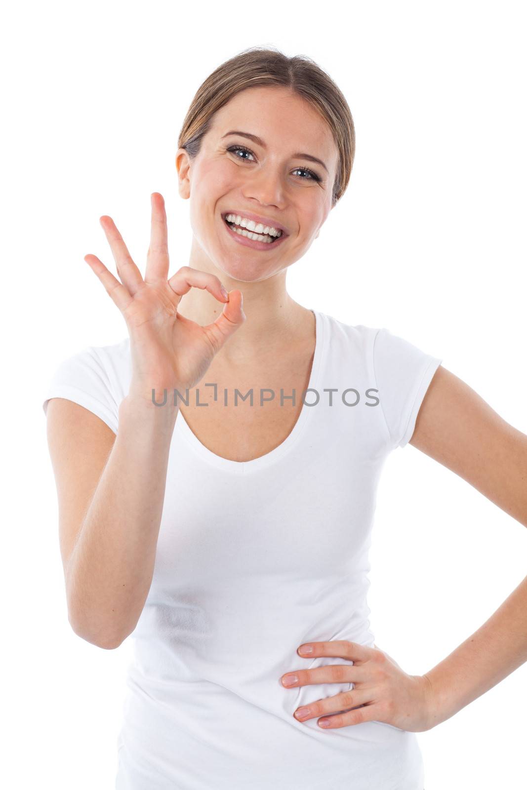 Portrait of confident woman having a successful gesture, isolated on white
